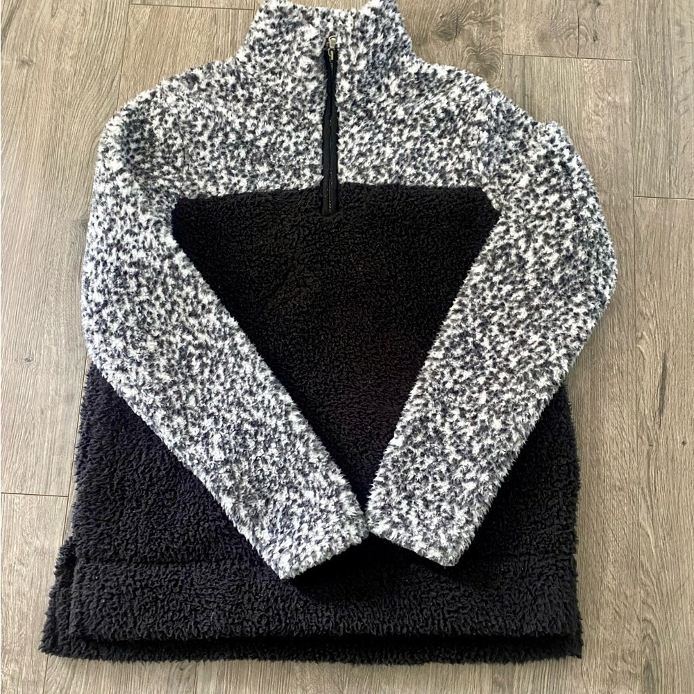 Sonoma Women's Teddy Jacket black white euc medium Sherpa soft warm quarter zip - Picture 2 of 8